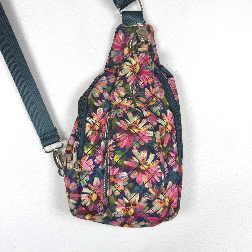 Bella Taylor Floral‎ Quilted Sling Bag Crossbody Backpack Navy Pink Daisy